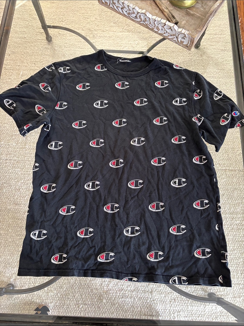 Champion Black Tee with Repeated Red & White Logos